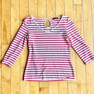 Saint James Women's Pink and White Striped 3/4 Sleeve Top XS Small